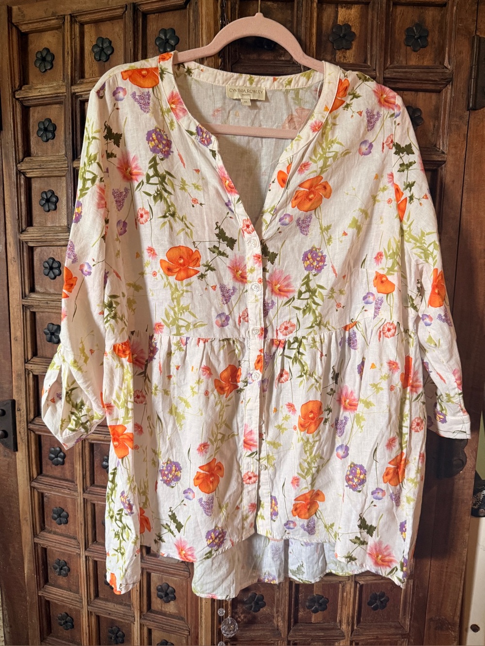 Cynthia Rowley White Floral Button-Front Peasant Top